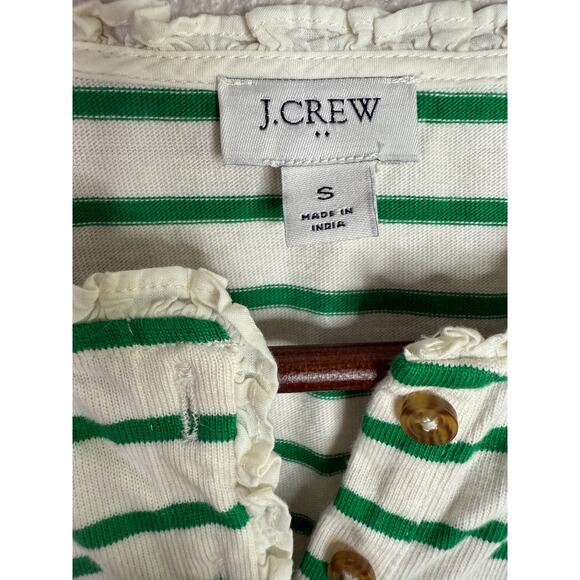 J. Crew Striped Ruffle Neck Henley Buttons Long Sleeve Top Blouse S Green White - Picture 9 of 15